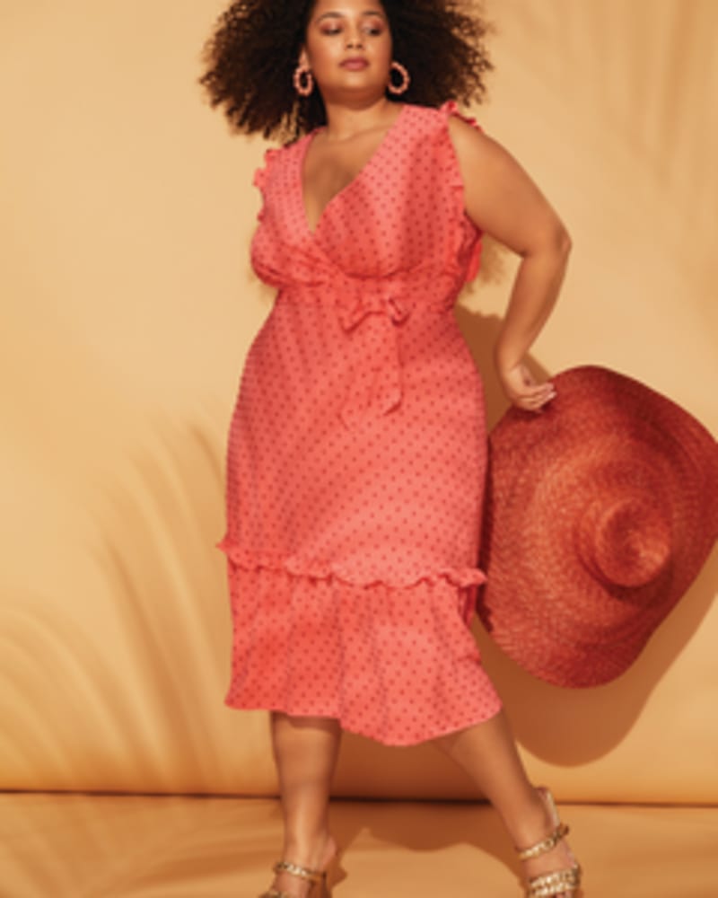 Front of a model wearing a size 14w Ella Tie Waist Midi Dress in Coral by London Times. | dia_product_style_image_id:268599